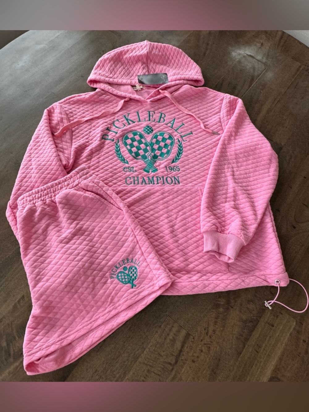 Main Strip Pink Quilted Hoodie and Shorts Set with Teal Pickleball Embroidery